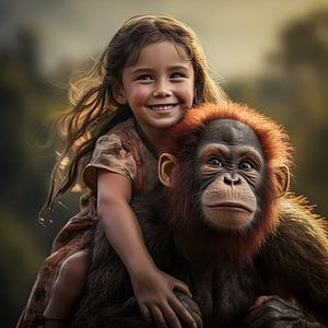 Une petite fille joue avec un orang-outan