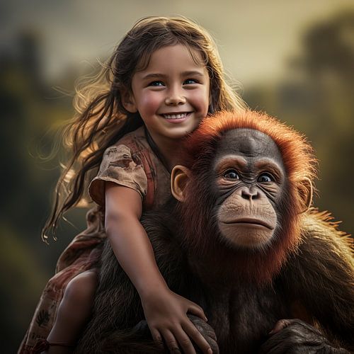 Klein meisje speelt met een Orang-oetan