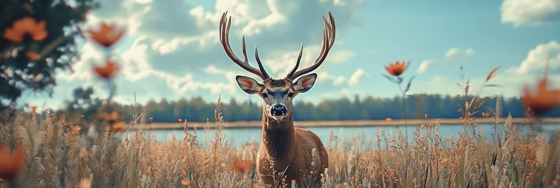 Deer surrounded by wildflowers at the edge of a lake by Digitale Schilderijen