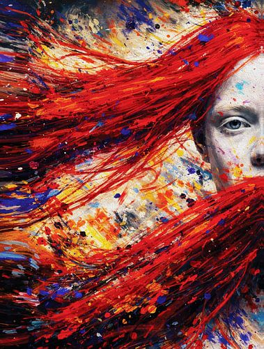 Gepassioneerd Vurig Rood Haar Vrouw Abstract Impasto Portret