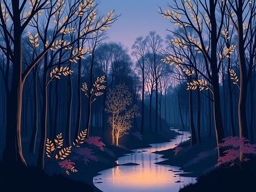 Een rustige schemering in het betoverde bos: Een kronkelende rivier weerspiegelt het laatste gouden licht door eeuwenoude, mystieke bomen.