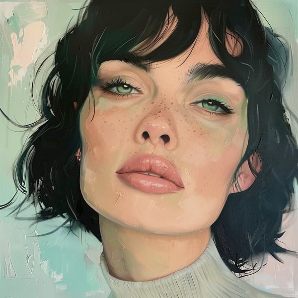 Porträt einer schönen, natürlichen Frau mit schwarzen Haaren und grünen Augen von Mel Digital Art
