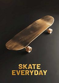 Goldenes Skateboard-Deck mit hellen Rollen vor dunklem Hintergrund von Morgan