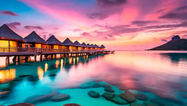 Bungalows in the sea with sunset