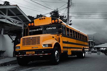 Old yellow school bus in Panama - Black White and Yellow by Marlo Brochard