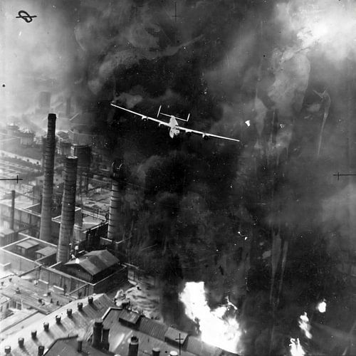 Bomber flies through the smoke during an attack in Romania, 1943. by Atelier Liesjes