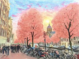 Amsterdam at Sunset - Pink Skies, Canals and Bicycles by Thea