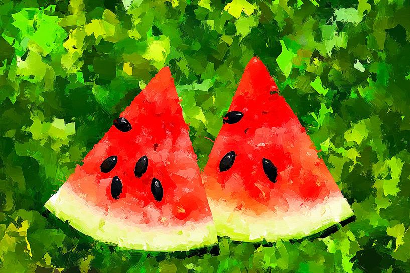 Juicy watermelons on a green background by Poster Art Shop