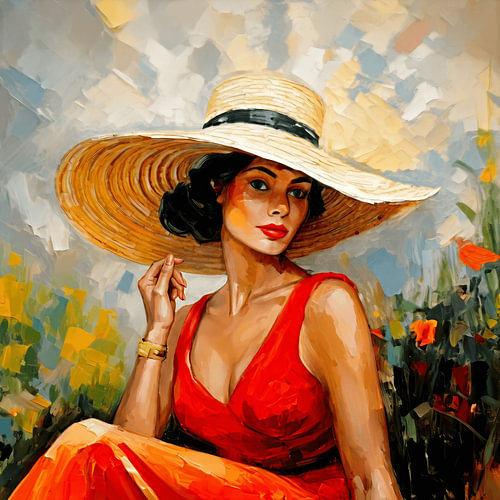 An elegant portrait of a woman wearing a straw hat amongst flowers