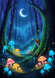 Illustration of Forest with Mushrooms, Moon, and Fox by Markus Gann