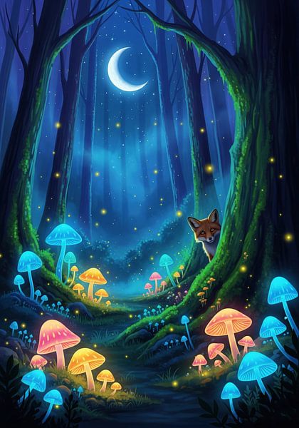 Illustration d'une forêt avec des champignons, une lune et un renard par Markus Gann