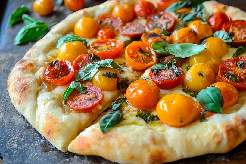 Bunte Tomatenpizza mit frischem Basilikum von Poster Art Shop