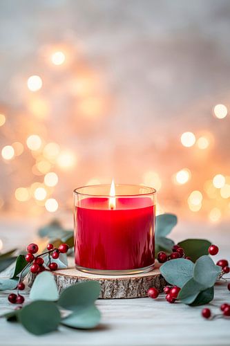Rode kaars met kerstversiering