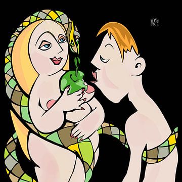 Mann, Frau, ein Stück Obst und die Schlange