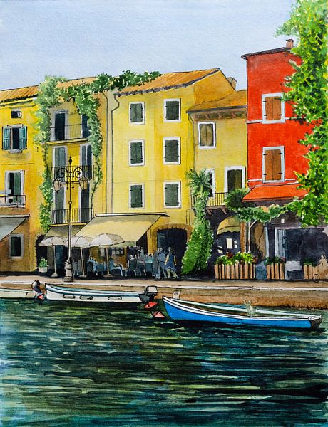 Lazise vissershaven | Gardameer Italie | Aquarel schilderij van WatercolorWall