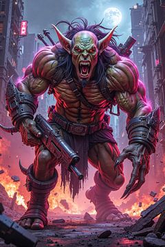 NEON GOBLIN: The monstrous goblin with his weapon in the cyberpunk city