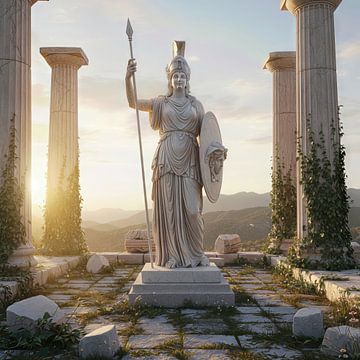 Athena goddess statue in ancient greek temple ruins at sunset by Markus Gann
