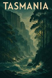 Tasmania's wilde wildernis - Retro Coastal Cliff Art Print van Travel Shop