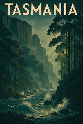 Tasmania's wilde wildernis - Retro Coastal Cliff Art Print