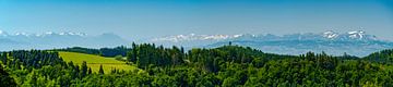 Swiss panoramic mountain view over Lake Constance with forest hilltop by Leo Schindzielorz