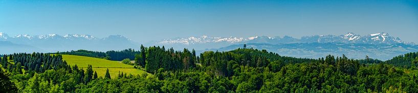 Swiss panoramic mountain view over Lake Constance with forest hilltop by Leo Schindzielorz