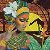 Femme africaine avec une fleur d'oiseau de paradis et une girafe. Médias mixtes sur Karen Nijst