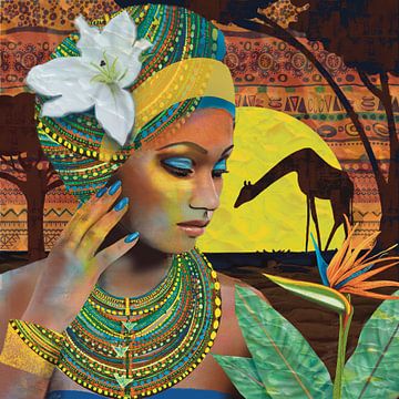Afrikanische Frau mit Paradiesvogelblume und Giraffe. Gemischte Medien
