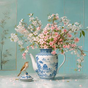 Stillleben mit chinesischem Porzellan, Kirschblüten und einem Vögelchen