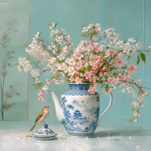 Nature morte avec de la porcelaine chinoise, des fleurs de cerisier et un petit oiseau sur Studio Pieternel
