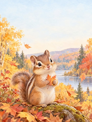 A striped squirrel with a maple leaf in autumn