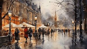 Aquarell-Einkauf auf dem Weihnachtsmarkt mit Lichtern und Bokeh-Malerei in der Stadt Winter Kunst Design