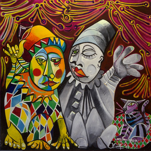 Clowns, Harlequin and Pierrot and the friendly cat