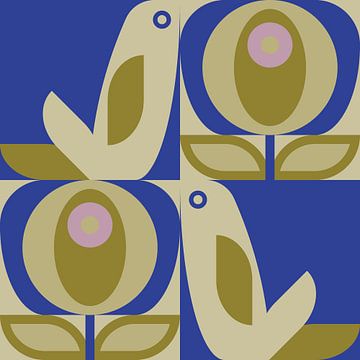 Scandinavisch retro. Vogels en bladeren in kobaltblauw, lila en mosterdgroen