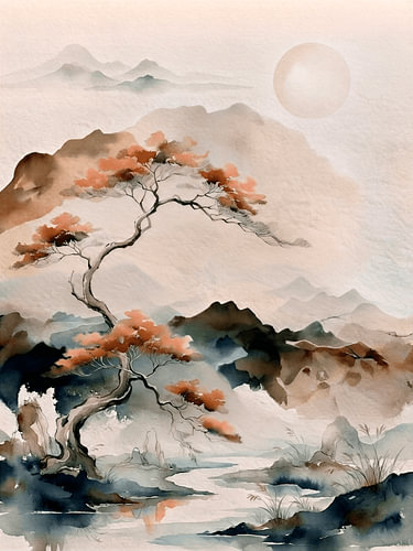 Japandi Art: Minimalist Japanese Zen Mountain Landscape