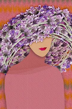 Retro-Porträt einer Frau mit lavendelfarbenem Hut in Pastellrosa, Orange und Braun von Dina Dankers