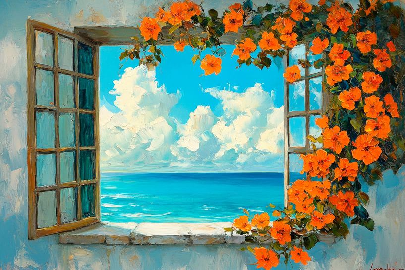 Meerblick Blumenfenster von Poster Art Shop