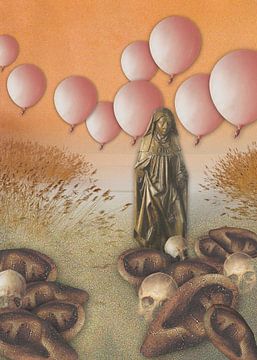 Surrealistisch landschap met roze zwevende ballonnen een vrouw, in verstilde rouw en oren en schedels die uit het zand oprijzen