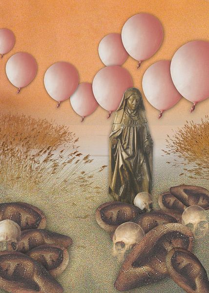 Surreal landscape with pink floating balloons a woman, in hushed mourning and ears and skulls rising from the sand by Beautiful Thrills