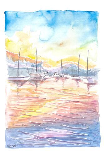 Port de plaisance de rêve avec coucher de soleil et lumière sur l'eau