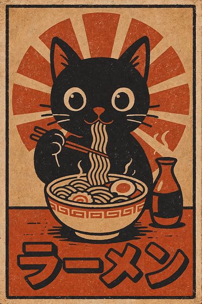 Cat enjoying ramen - Retro Japan illustration by Jordan Fenix Gallery