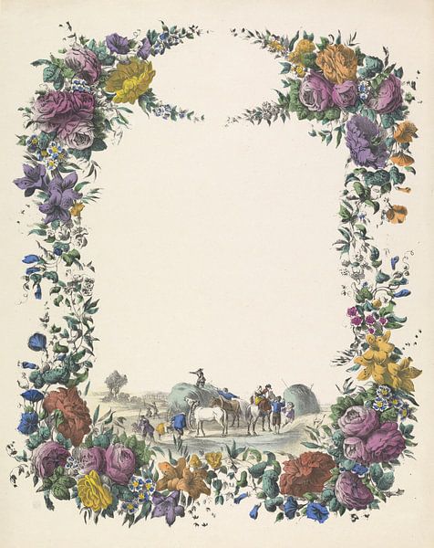 Grußbrief mit Blumengirlande und einem Heuwagen von Anonymous 1829 - 1880 von Gave Meesters