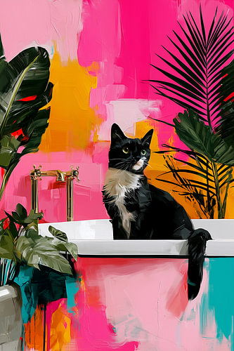 Cat in Bathtub | Tropical Bathroom Pink