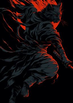 Schwarzer Ninja-Katzenkrieger mit Katana von Pixelbull Design