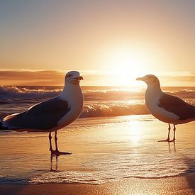Meeuwen op het strand bij zonsondergang van Koffie Zwart