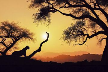 Silhouet van een luipaard in Afrika. van Kees van den Burg