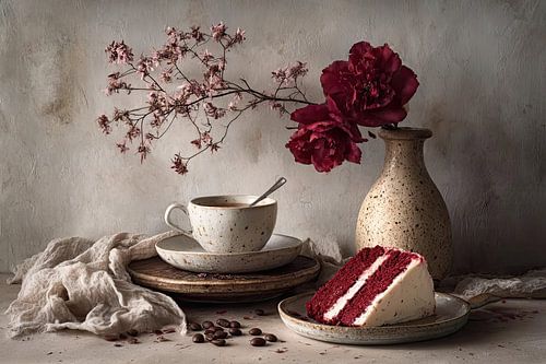 Red Velvet Taart met Koffie - Sfeervol Stilleven