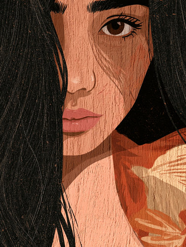 Modern minimalistisch portret van een bohemian vrouw in okergeel en sienna