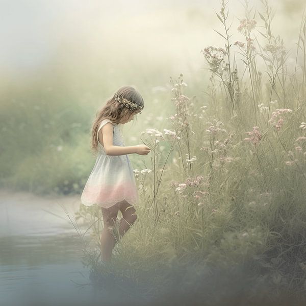 Fille à l'aventure dans un pré fleuri pastel par Karina Brouwer