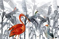 Jungle garden with tropical birds