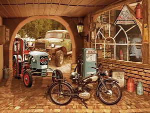 Nostalgie-Werkstatt mit Traktor und Motorrad